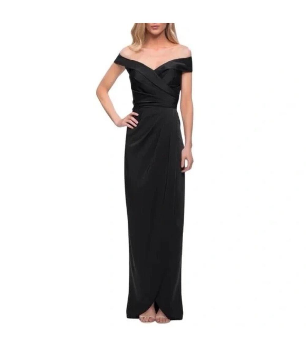 La Femme Black Long Jersey Portrait Off Shoulder Formal Evening Gown Size 18